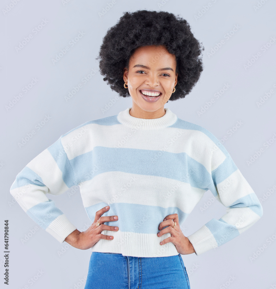 Fashion, student and smile with portrait of black woman in studio for education, casual and trendy s