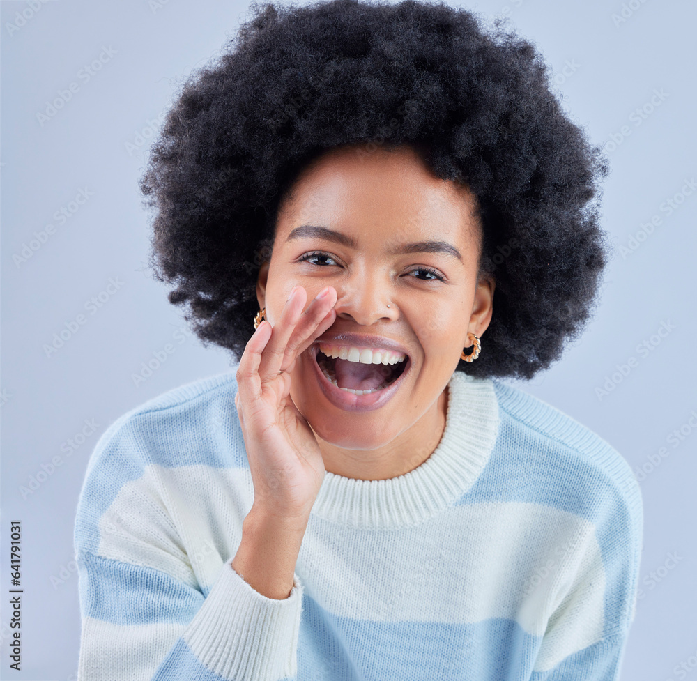 Portrait, announcement and black woman shouting secret in studio isolated on a blue background. Face