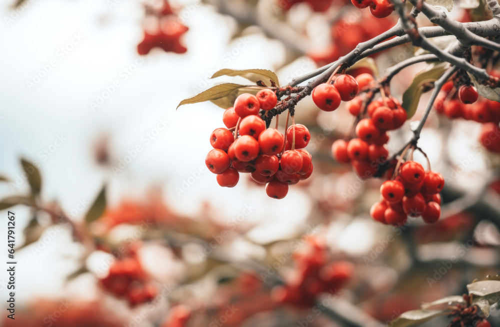 Branch of autumn viburnum with red berries and bright foliage against the sky. Seasonal September, O