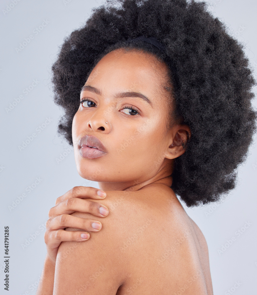 Glow, natural and portrait of black woman with beauty skincare isolated in a studio gray background.