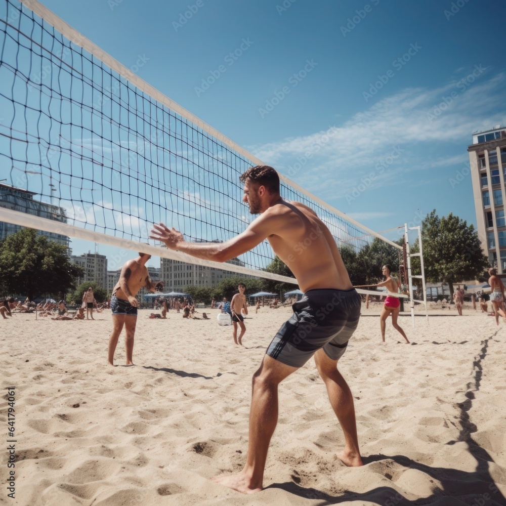 Men play beach volleyball on the beach, concept of summer sea vacation