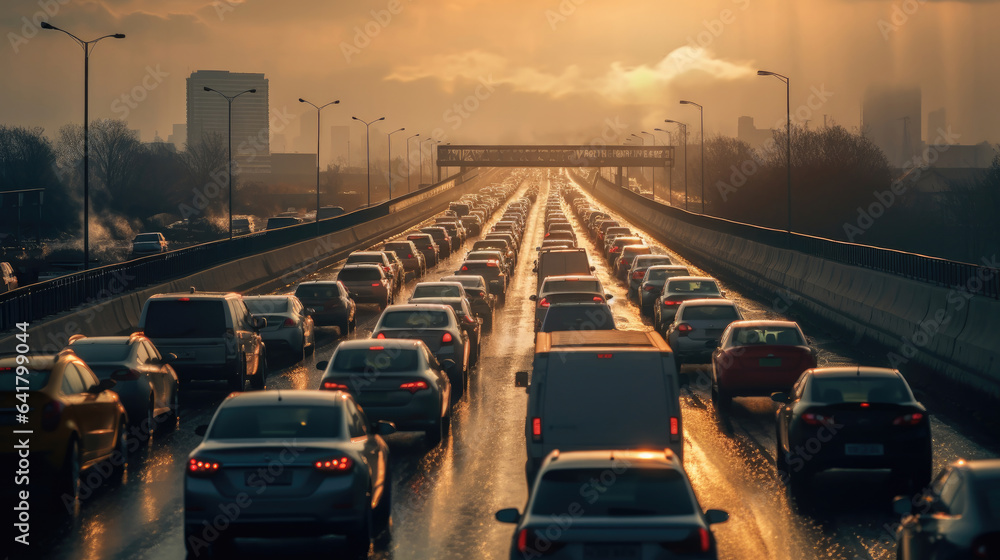 Lots of traffic jam with row of cars on expressway during rush hour. Generative Ai