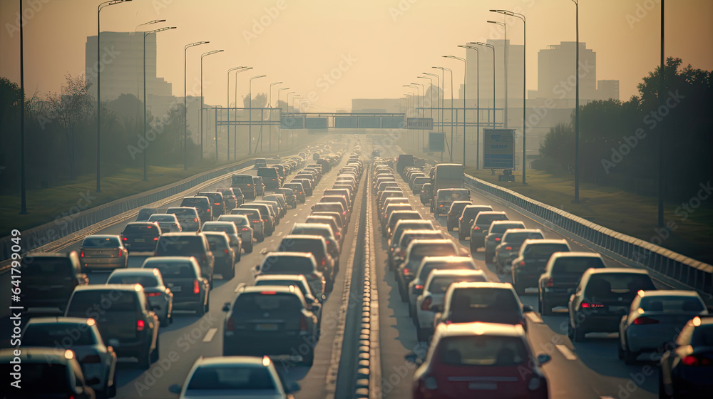 Lots of traffic jam with row of cars on expressway during rush hour. Generative Ai