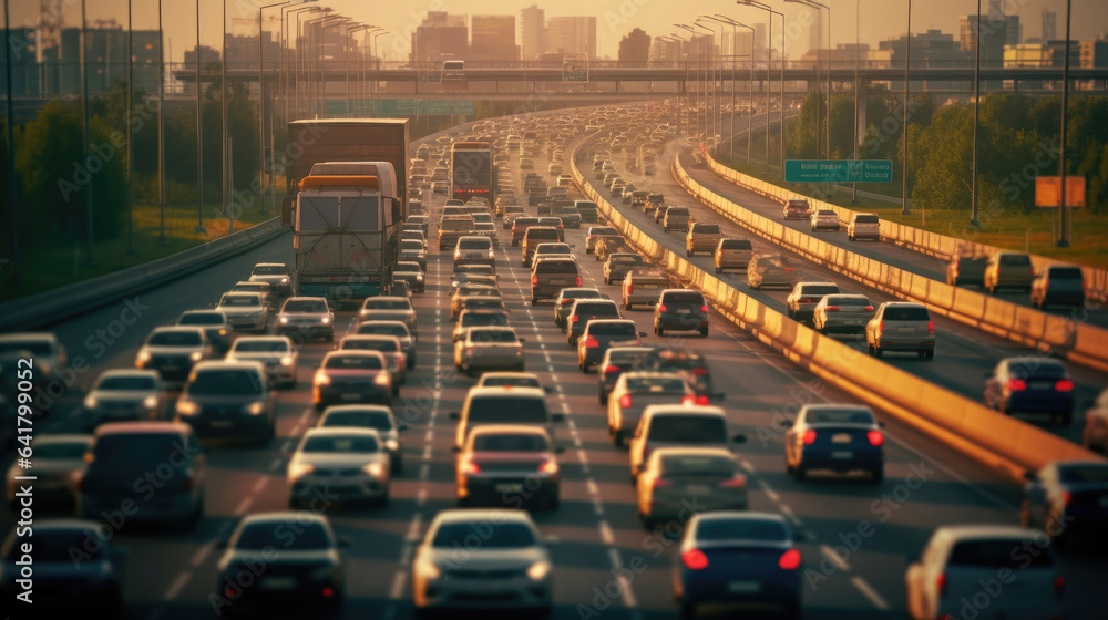 Lots of traffic jam with row of cars on expressway during rush hour. Generative Ai