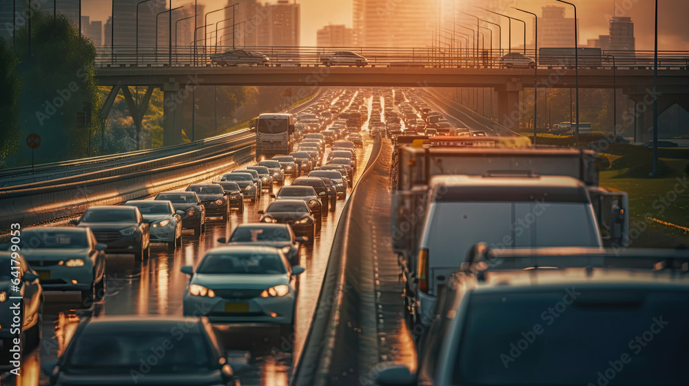 Lots of traffic jam with row of cars on expressway during rush hour. Generative Ai