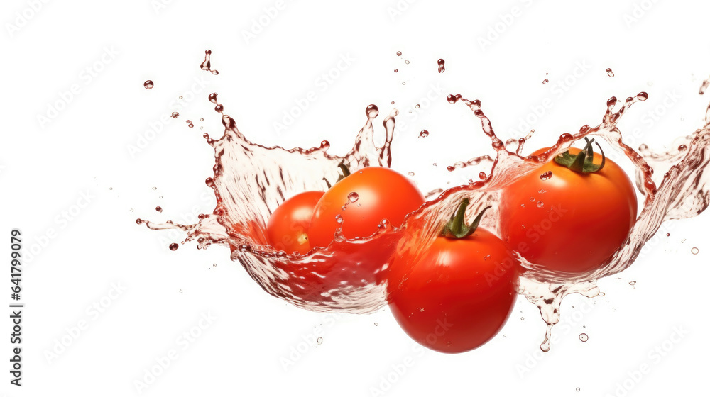 Splashes of tomato juice isolated on a white background. Generative Ai