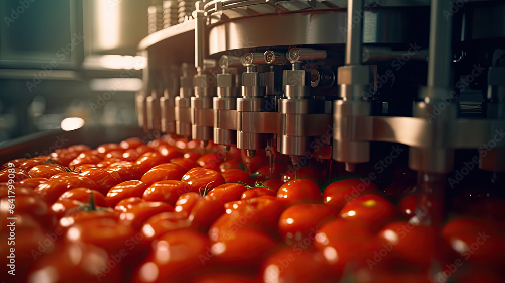 Tomato juice filling machine in industrial plants. Generative Ai