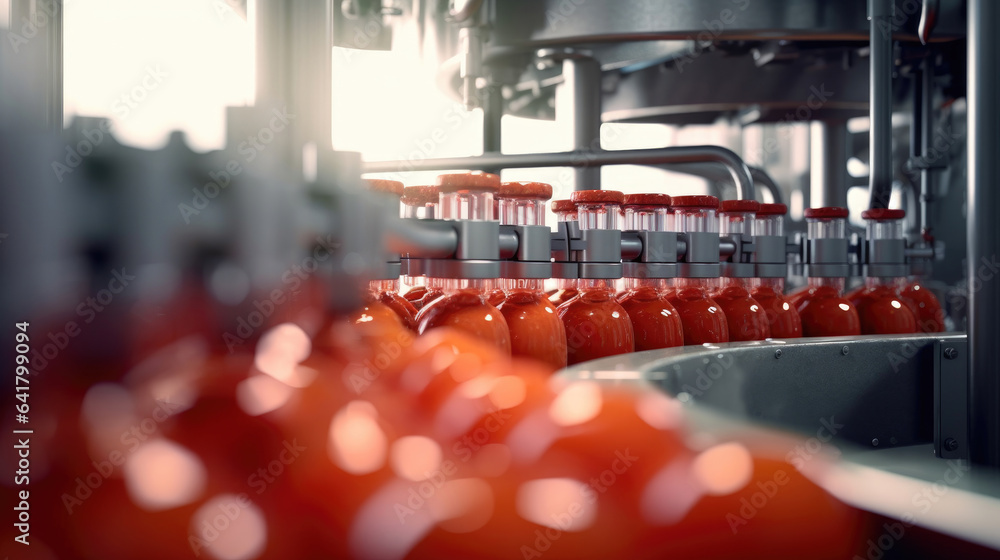 Tomato juice filling machine in industrial plants. Generative Ai