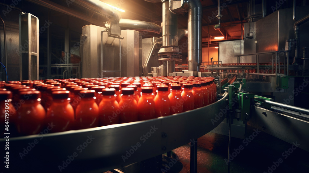 Tomato juice filling machine in industrial plants. Generative Ai