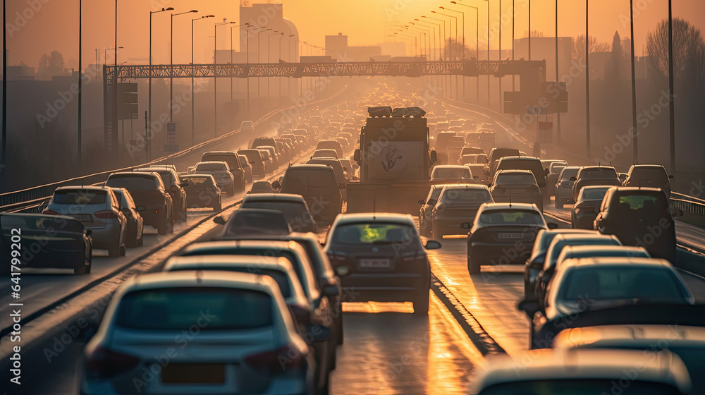 traffic jam with row of cars on highway, during rush hour. Generative Ai