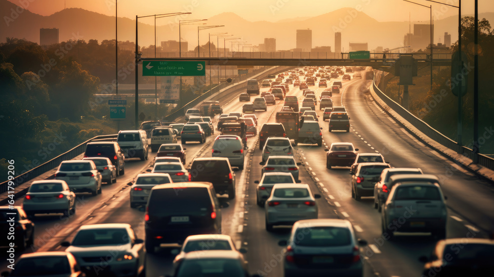 traffic jam with row of cars on highway, during rush hour. Generative Ai