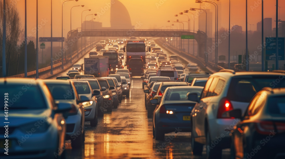 traffic jam with row of cars on highway, during rush hour. Generative Ai