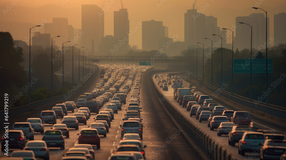 traffic jam with row of cars on highway, during rush hour. Generative Ai