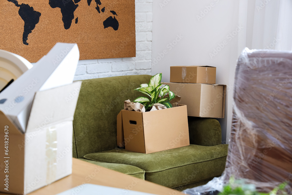 Sofa with cardboard boxes in office on moving day