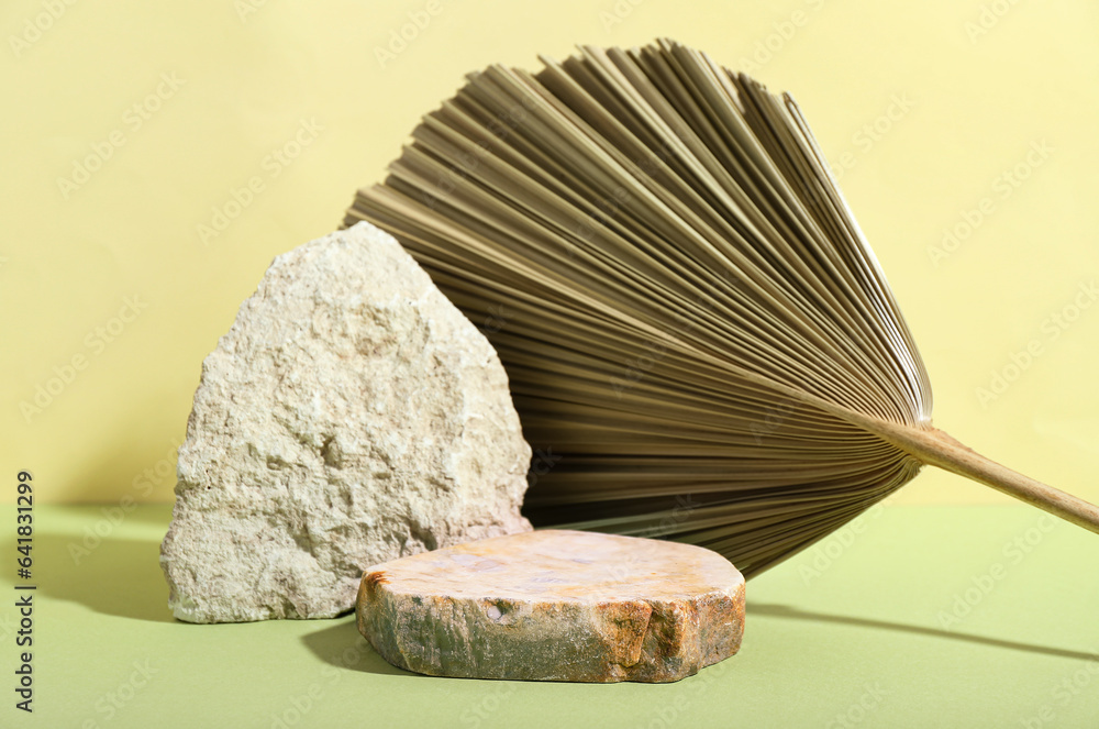 Dry palm leaf with stones on green table near yellow wall