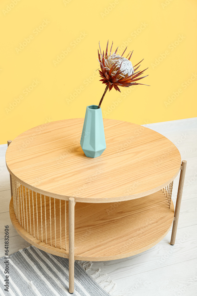 Vase with dried red protea on coffee table and floor mat near yellow wall