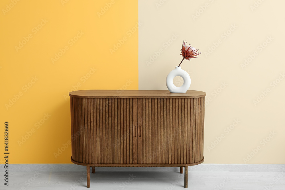 Vase with dried red protea on dresser near wall