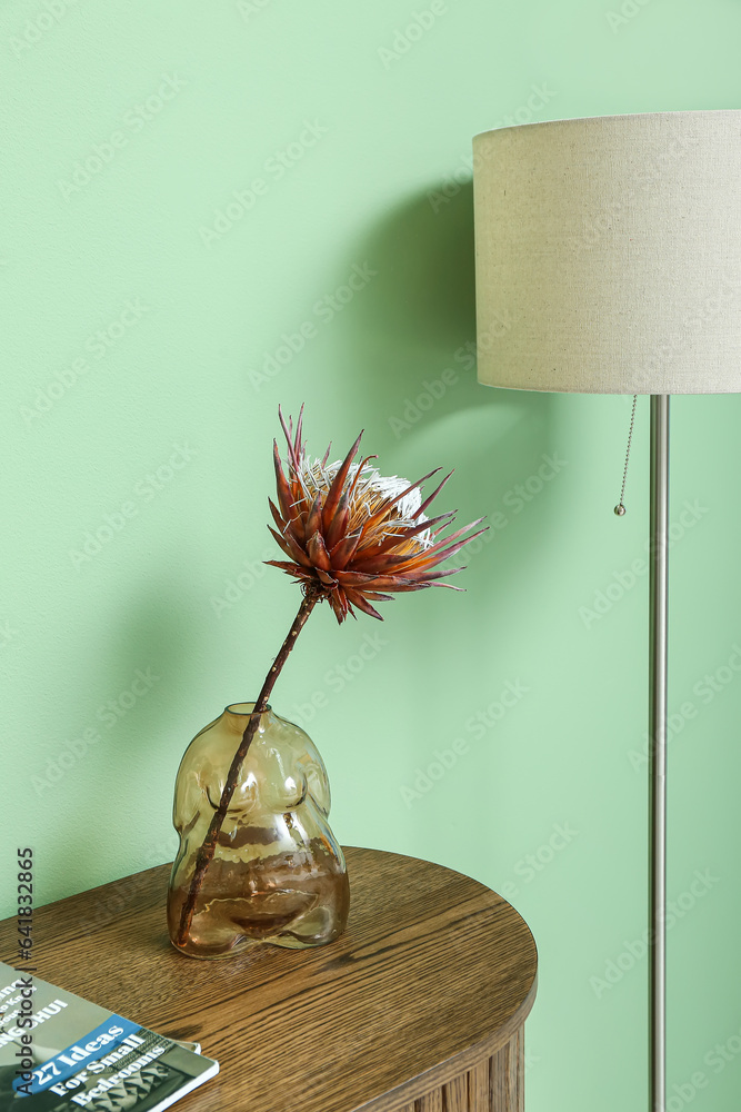 Vase with dried red protea, dresser and floor lamp near green wall