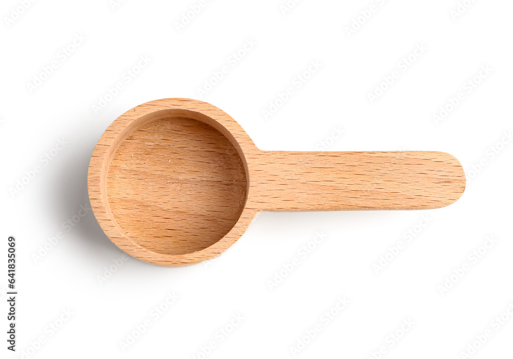 Empty wooden scoop on white background