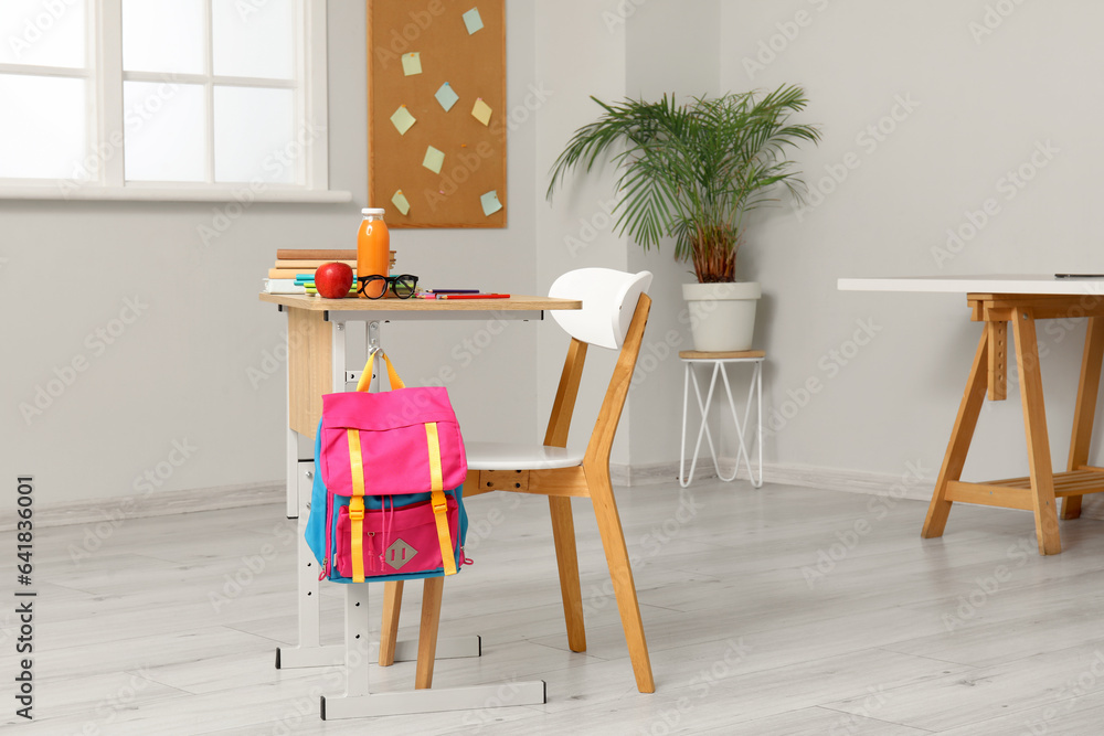 Modern school desk with backpack, lunch and stationery in room near white wall