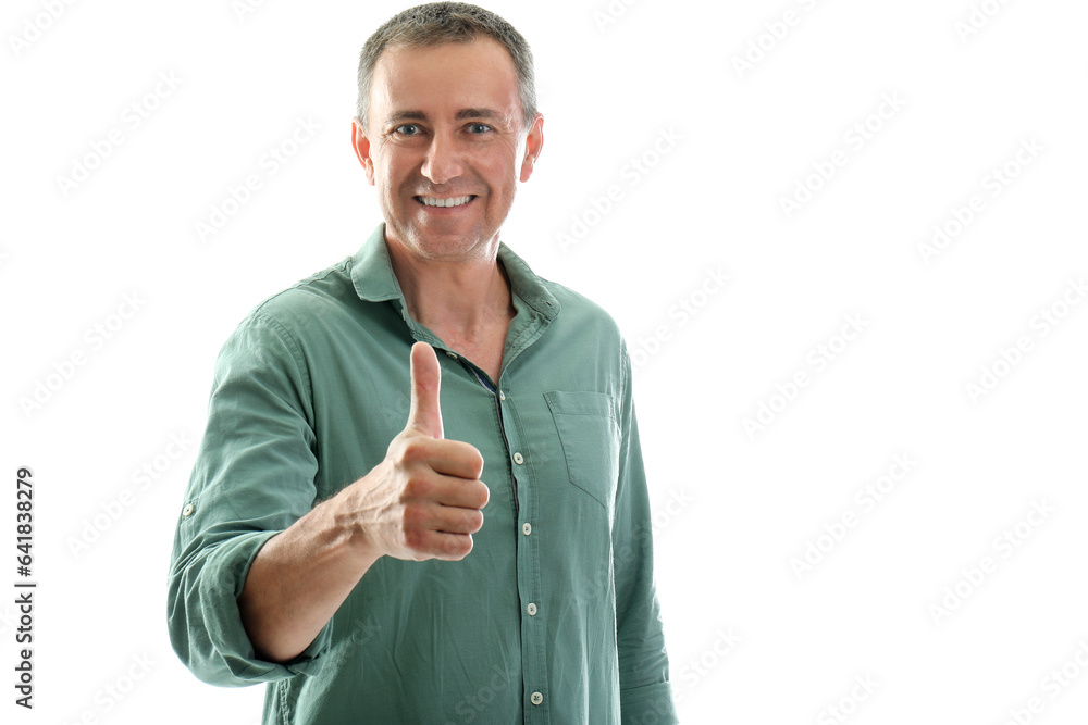 Portrait of happy mature man showing thumb up on white background