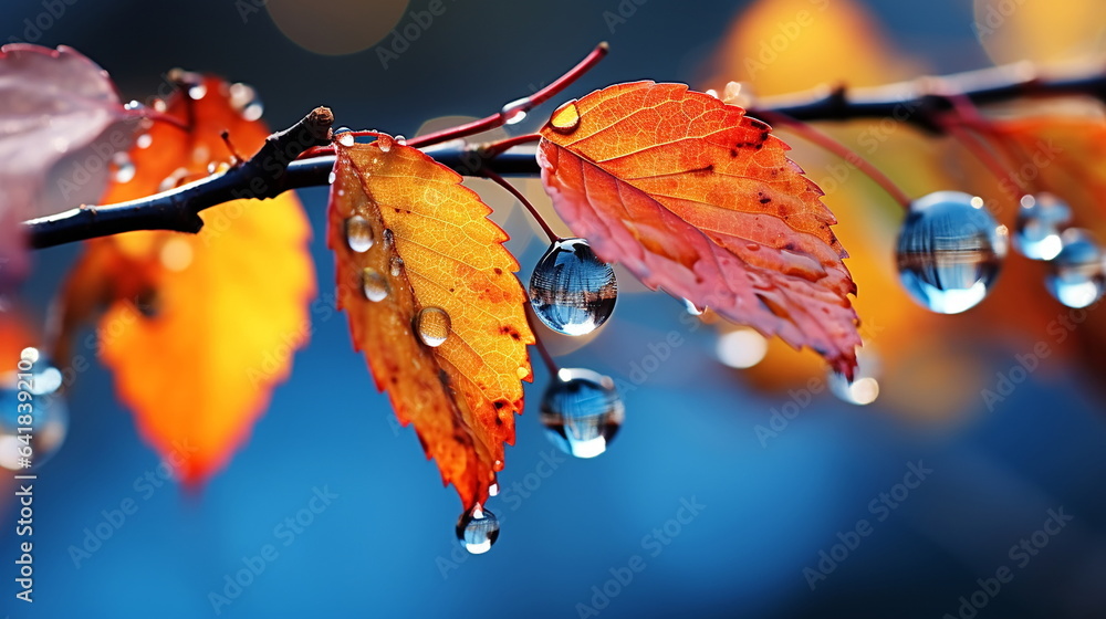 Autumn yellow orange leaves on branch with morning dew water drops on front blue sky 