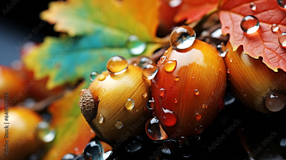 Autumn yellow orange leaves on branch with morning dew water drops on front blue sky 