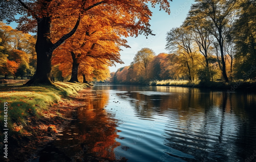 Autumn sunset  beautiful landscape,sun beam ,orange trees and colorful leaves on nature ,season 