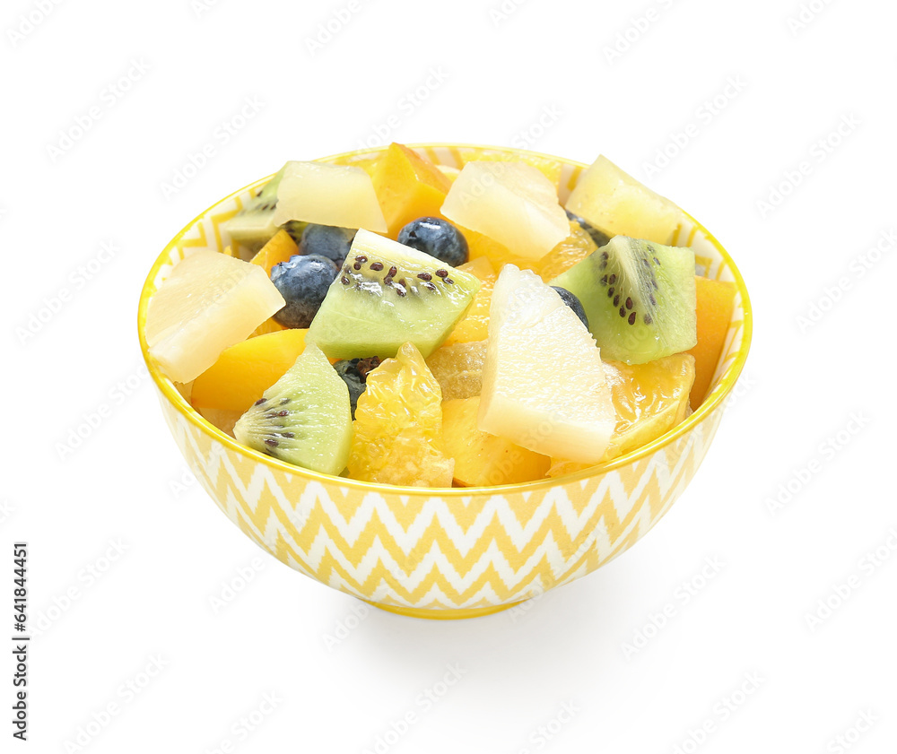 Bowl with fresh fruit salad on white background