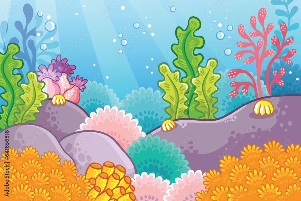 Vector illustration with the underwater world and corals on the marine theme.