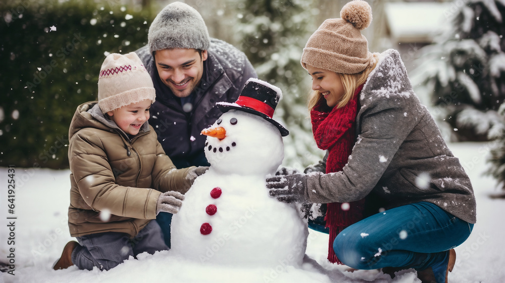 family playing with snowman. Generative AI