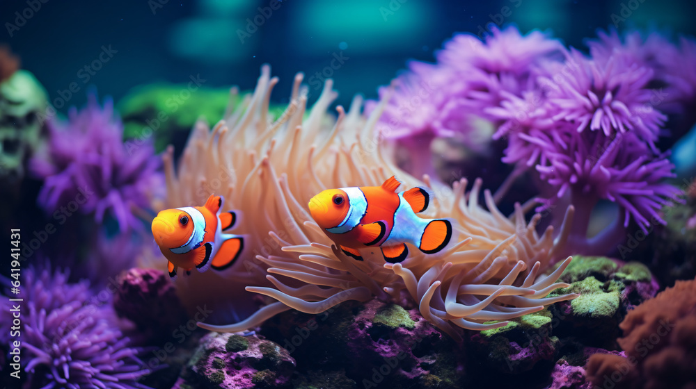 A small aquarium with two clownfish