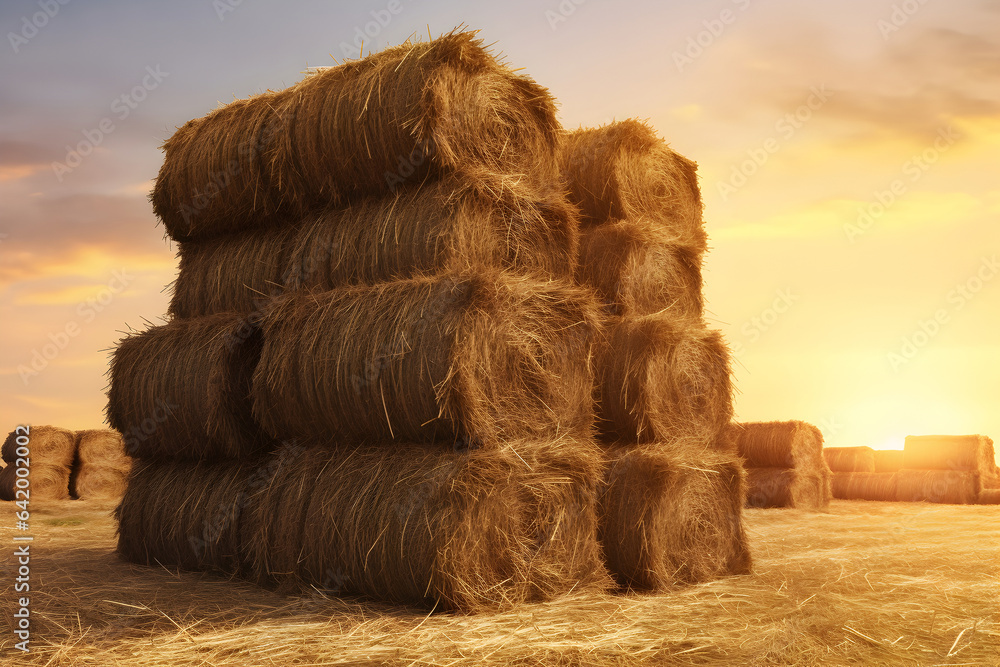 Bales of hay stacked on top of each other in countryside. Harvest on farm fields. Haymaking from gra