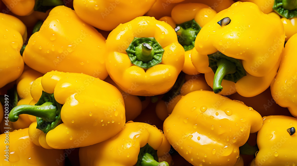 Fresh yellow bell peppers with water drops background. Vegetables backdrop. Generative AI