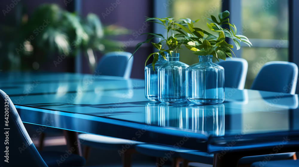 Modern minimalist corporate conference room with glass table in blue shades. Generative AI