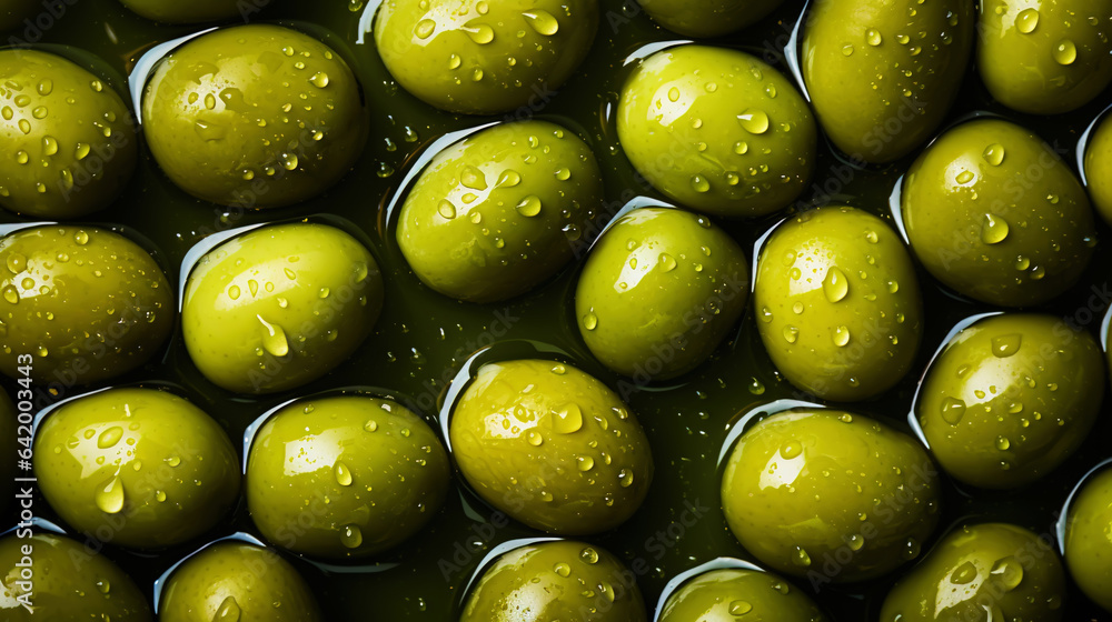 Fresh green olives with water drops background. Vegetables backdrop. Generative AI