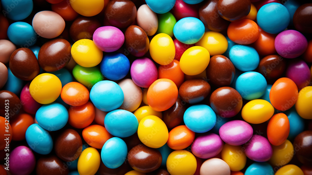 Close up of a pile of colorful chocolate coated candies. Candy background. Generative AI