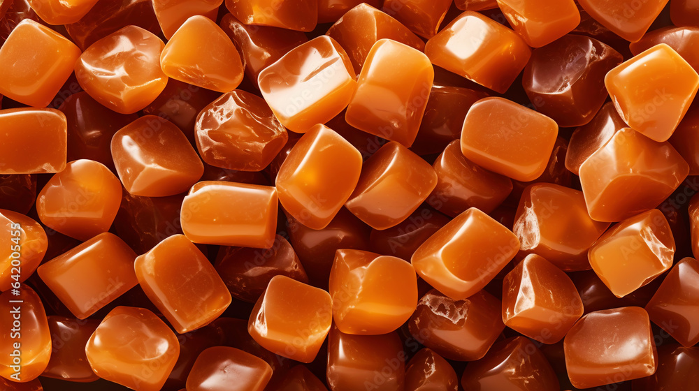 Toffee candy, caramel candies background. Sweet backdrop. Generative AI