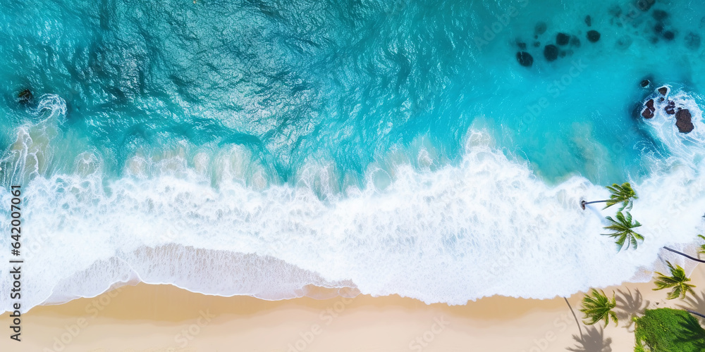 Aerial top view on sand ocean beach with palm trees. Summer vacation paradise concept. Generative AI