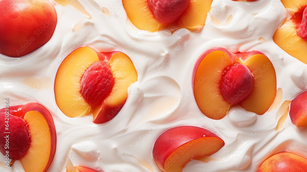 Yogurt and fresh peaches, background. Top view. Generative AI