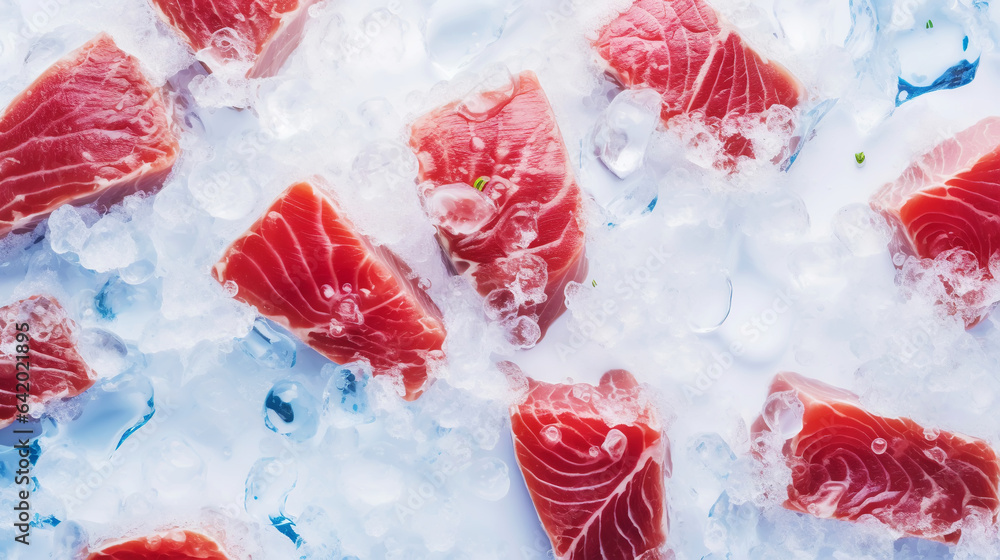 Slices of tuna fish on the ice cubes. Fresh fish fillet. Seafood background. Generative AI