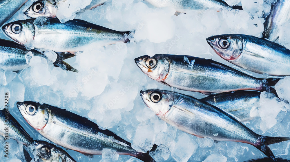  Fresh sardines on ice. Seafood background. Generative AI