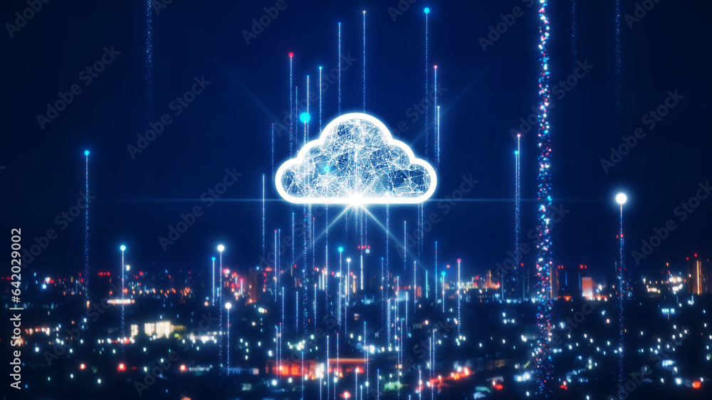 Cloud and edge computing technology data transfer concept. Dark and blurry night cityscape It has a 