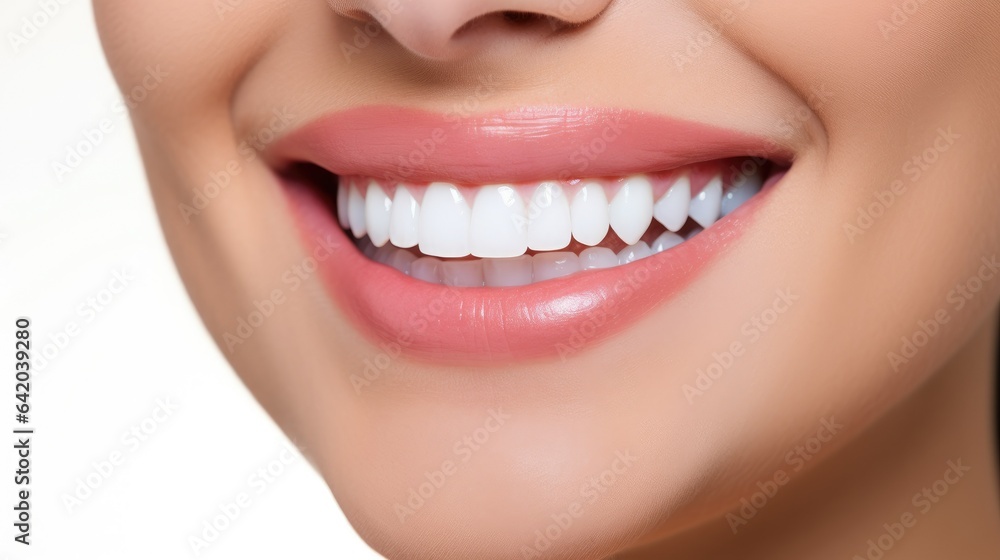 Radiant Dental Smile: A Closeup Shot of a Bright, Pure Smile on a White Background - Perfect for Den