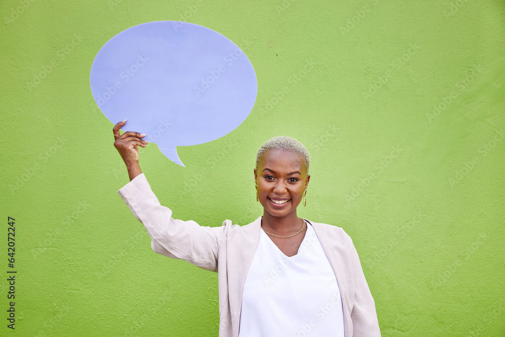 Black woman, speech bubble and portrait for mockup space, smile and opinion by green wall background