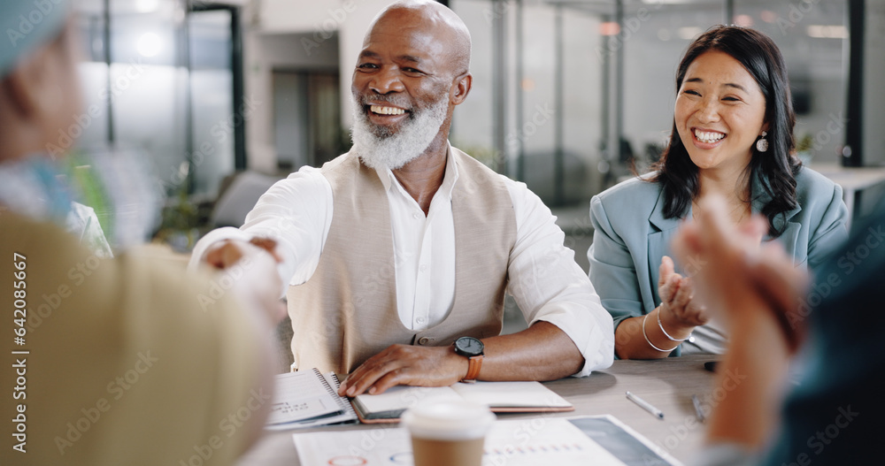 Handshake, clapping or happy business people in meeting in office for contract negotiation success. 