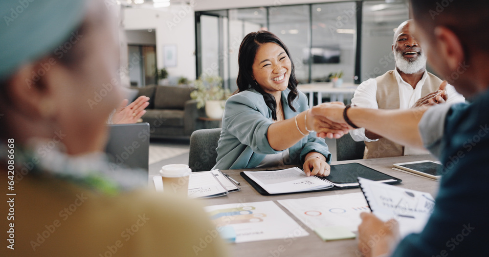 People, shaking hands and success in business meeting, negotiation and applause for agreement and b2