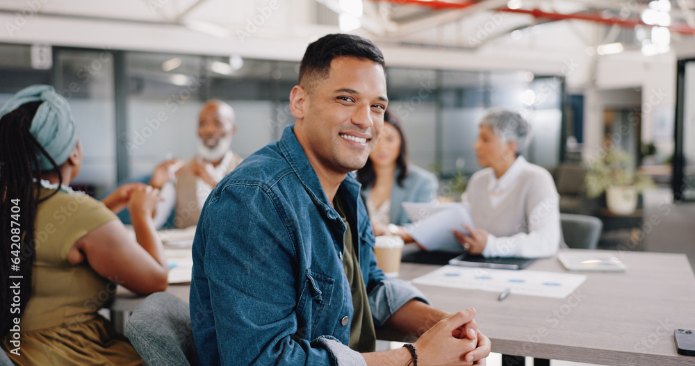 Leadership, meeting and portrait of happy man in office with brainstorming corporate business people