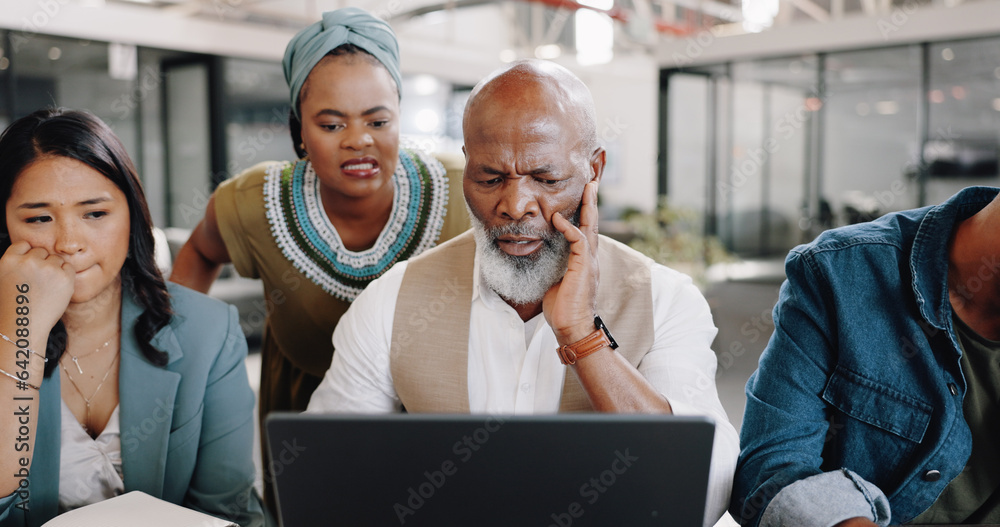 Business people, laptop and team confused with sad news, marketing mistake and social media disaster