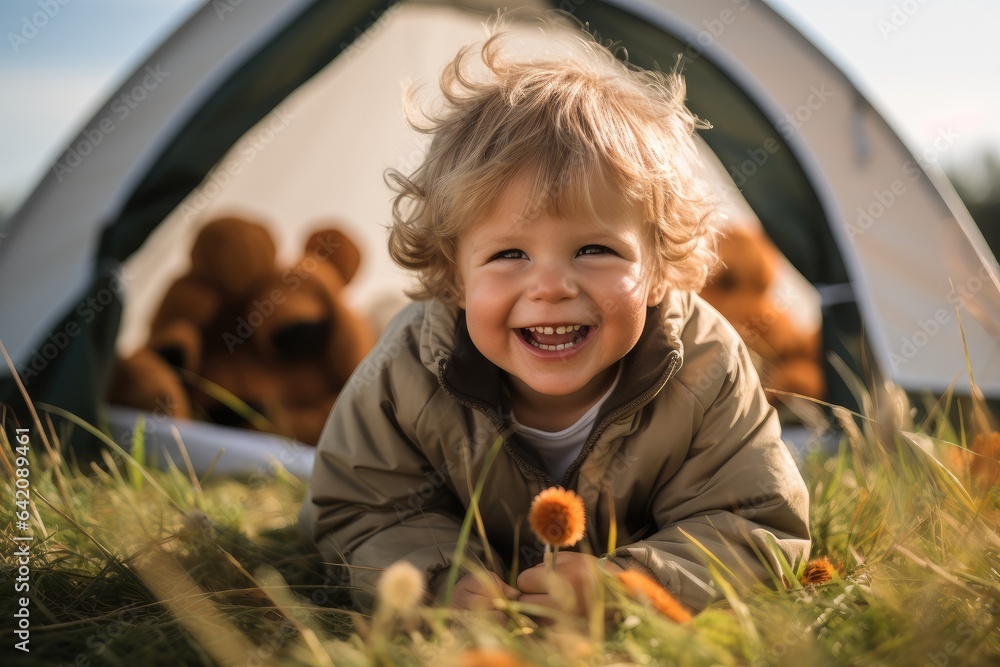 happy baby playing in the grass with tent, Picnic, Family concept.